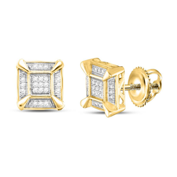 Yellow-tone Sterling Silver Mens Round Diamond Square Cluster Stud Earrings 1/8 Cttw