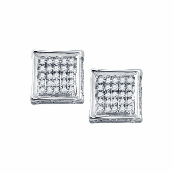 10kt White Gold Mens Round Diamond Square Earrings 1/8 Cttw