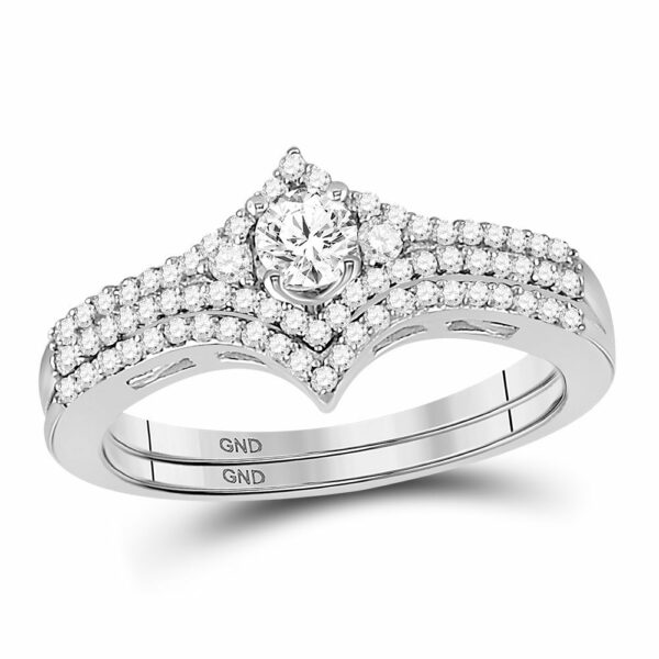 14kt White Gold Round Diamond Chevron Bridal Wedding Ring Band Set 1/2 Cttw