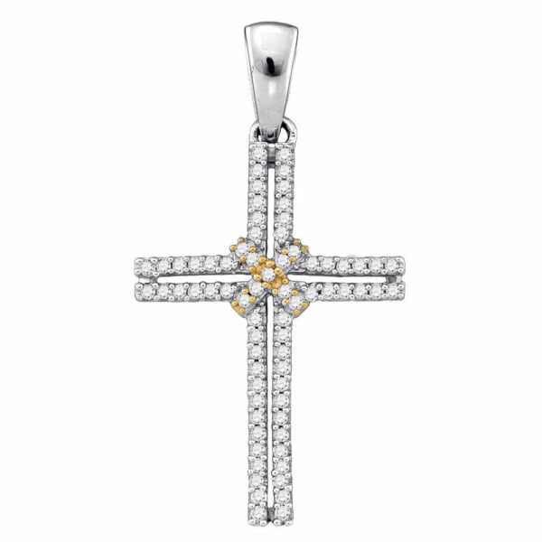 10kt Two-tone Gold Womens Round Diamond Bound Cross Religious Pendant 1/5 Cttw
