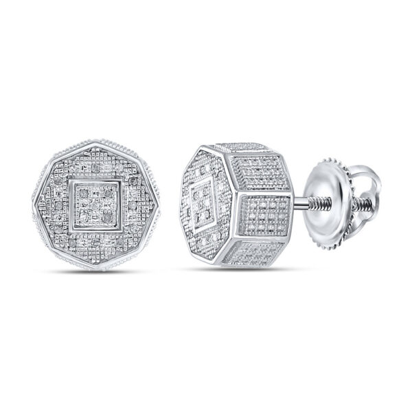 Sterling Silver Unisex Round Diamond Octagon Cluster Stud Earrings 1/10 Cttw
