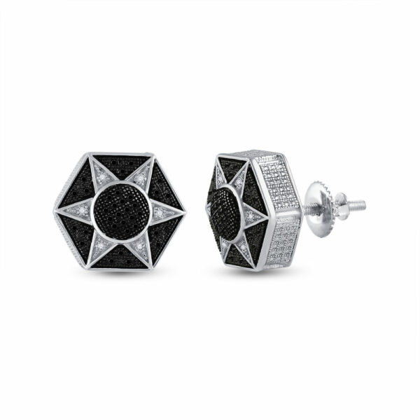 Sterling Silver Round Black Color Enhanced Diamond Hexagon Star Cluster Earrings 1/5 Cttw