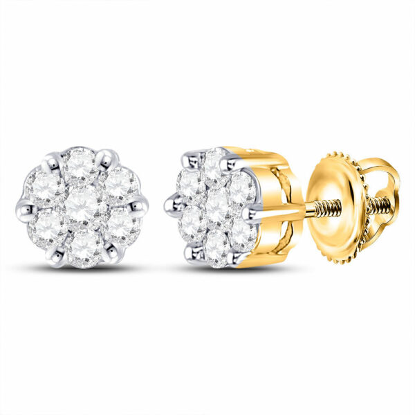 14kt Yellow Gold Womens Round Diamond Flower Cluster Earrings 1/4 Cttw