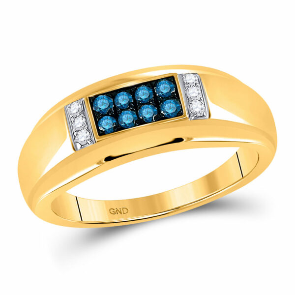 10kt Yellow Gold Mens Round Blue Color Enhanced Diamond Band Ring 1/3 Cttw