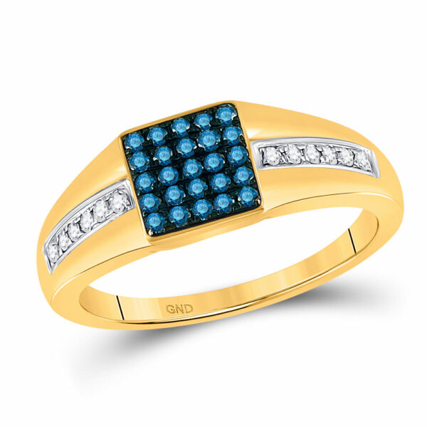 10kt Yellow Gold Mens Round Blue Color Enhanced Diamond Square Cluster Ring 1/2 Cttw