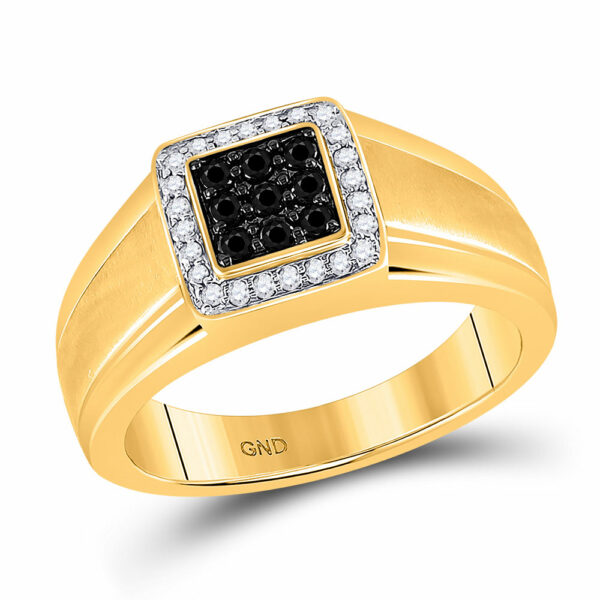 10kt Yellow Gold Mens Round Black Color Enhanced Diamond Square Cluster Ring 3/8 Cttw