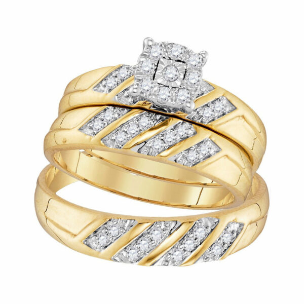 10kt Yellow Gold His Hers Round Diamond Cluster Matching Wedding Set 1/3 Cttw