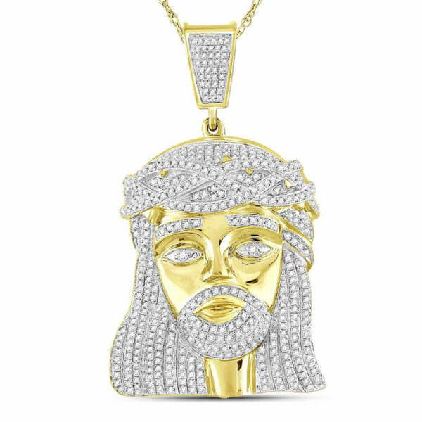 10kt Yellow Gold Mens Round Diamond Jesus Charm Pendant 1-7/8 Cttw