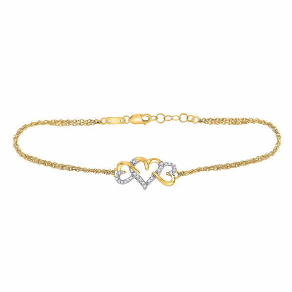 10kt Yellow Gold Womens Round Diamond Triple Heart Chain Bracelet 1/10 Cttw