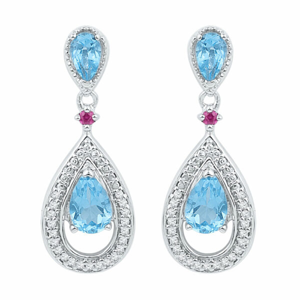 10kt White Gold Womens Oval Lab-Created Blue Topaz Diamond Dangle Earrings 1-5/8 Cttw
